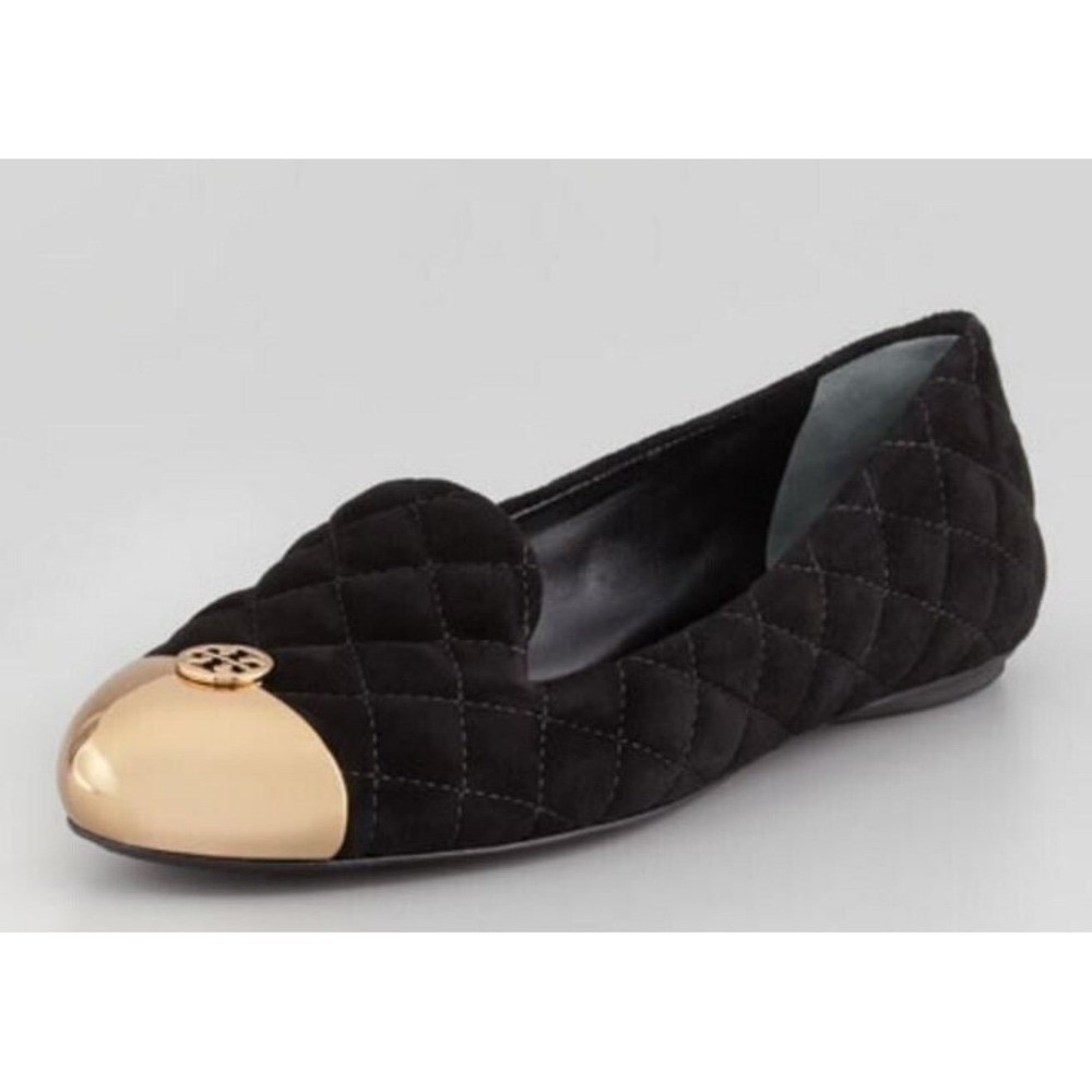 Tory Burch Quilted Suede Cap Toe Flats Women 7 Black Gold Good Logo Medallion